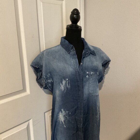 Nsf Bleached Distressed Denim Jean Chambray Button Down Mid Dress Small Western - Picture 3 of 12